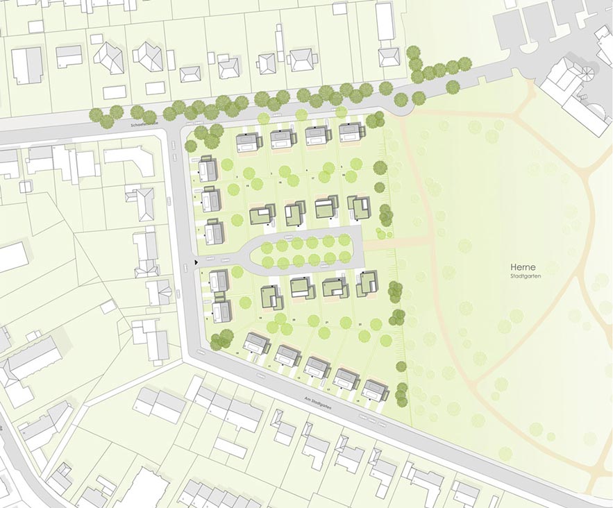 Kolorierter Lageplan aus der Vogelperspektive mit eingezeichneten Straßen und Häusern auf der Baufläche am Stadtpark Herne